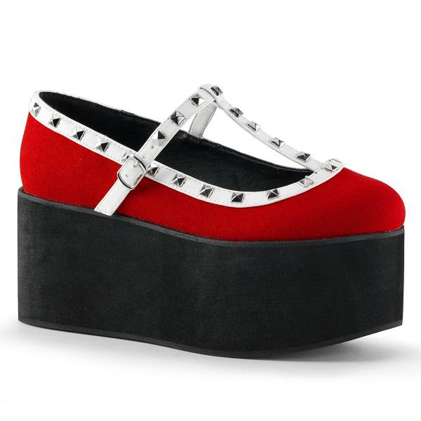 Demonia Women's Click-07 Platform Mary Janes - Red Canvas/Black/White Vegan Leather D2589-03US Clearance